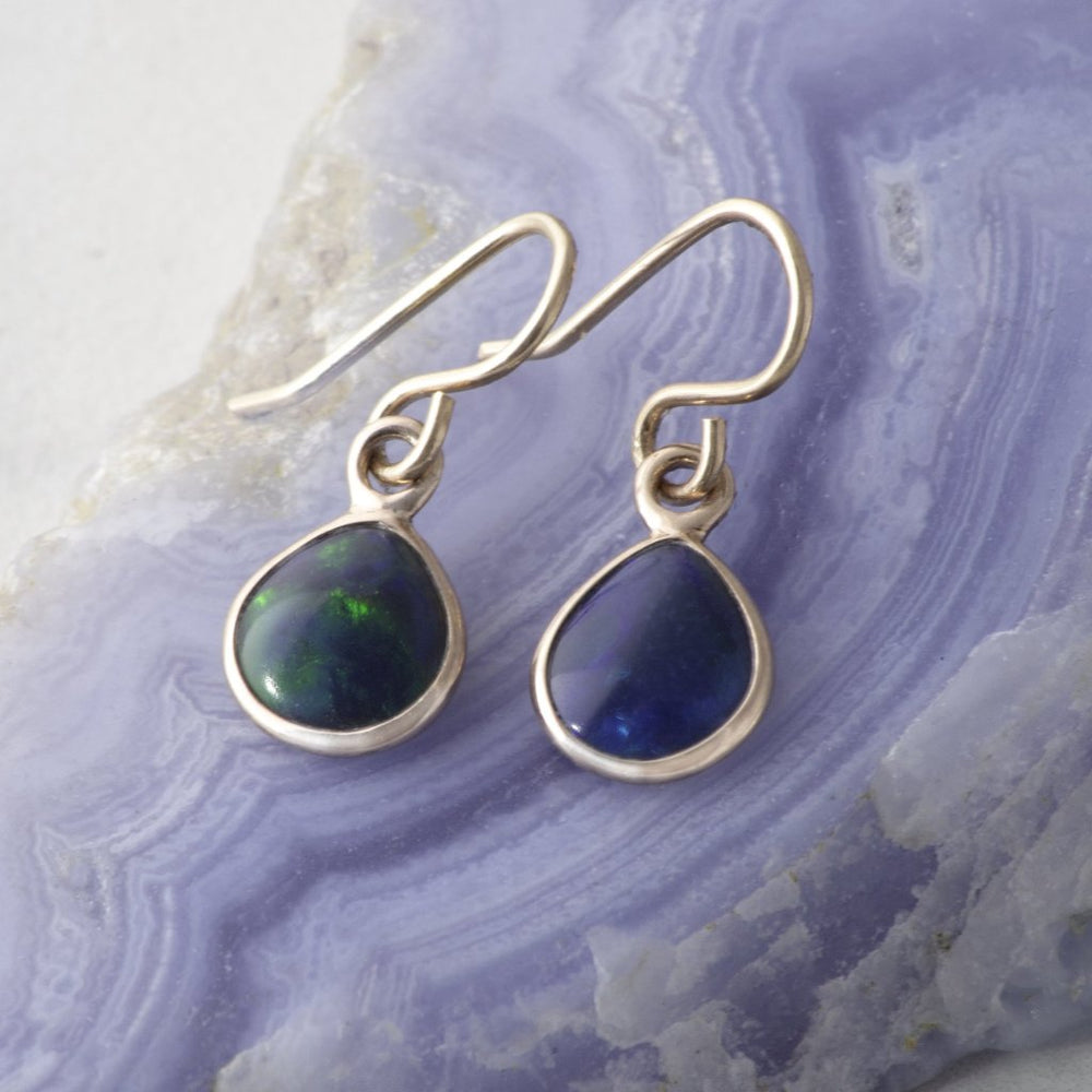 Black Opal October Birthstone Rose Gold Drop Earrings