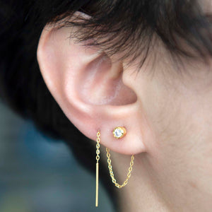 White Topaz Chain Threader Gold Earrings