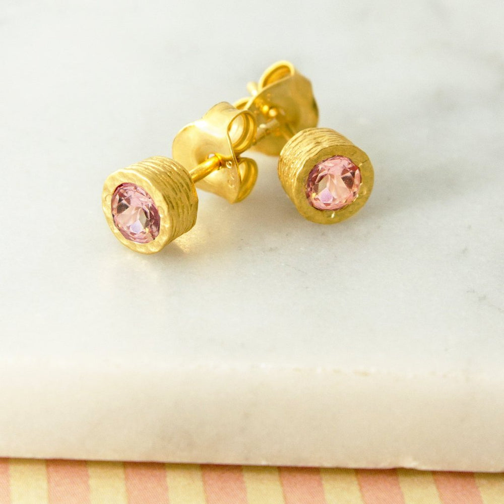 Pink Tourmaline October Birthstone Gold Stud Earrings