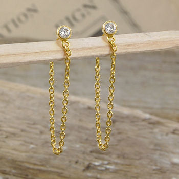 18k Gold Vermeil White Topaz November Birthstone Chain Drop Earrings