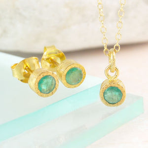 Emerald October Birthstone Gold Stud Earrings and Necklace Jewellery Set