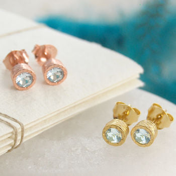 Aquamarine March Birthstone Gold Stud Earrings