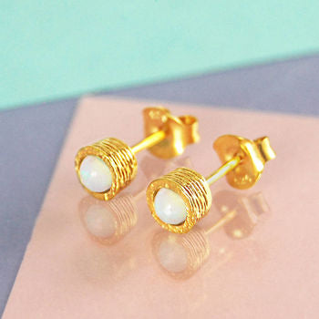 Opal October Birthstone Gold Stud Earrings