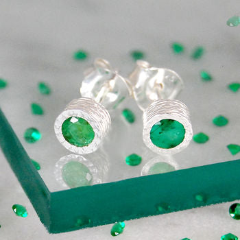 Green Emerald May Birthstone Sterling Silver Stud Earrings