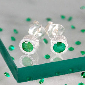 Green Emerald May Birthstone Sterling Silver Stud Earrings