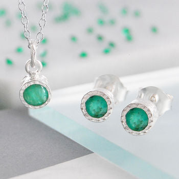 Green Emerald May Birthstone Sterling Silver Necklace and Stud Earrings Jewellery Set