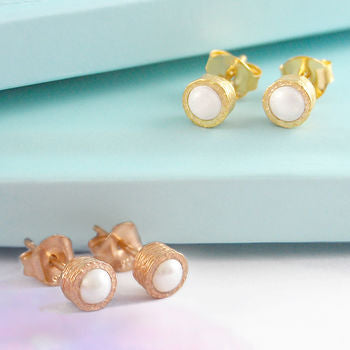 White Pearl June Birthstone Gold and Rose Gold Stud Earrings