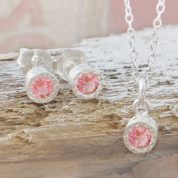 Pink Tourmaline October Birthstone Sterling Silver Jewellery Set