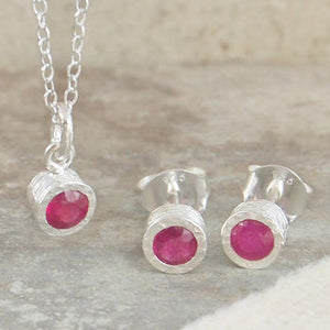 Pink Ruby Sterling Silver July Birthstone Stud Earrings and Pendant Necklace Jewellery Set