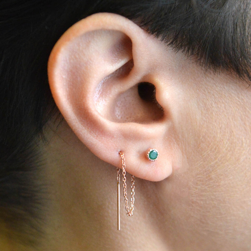 Emerald May Birthstone Rose Gold Chain Threader Earrings