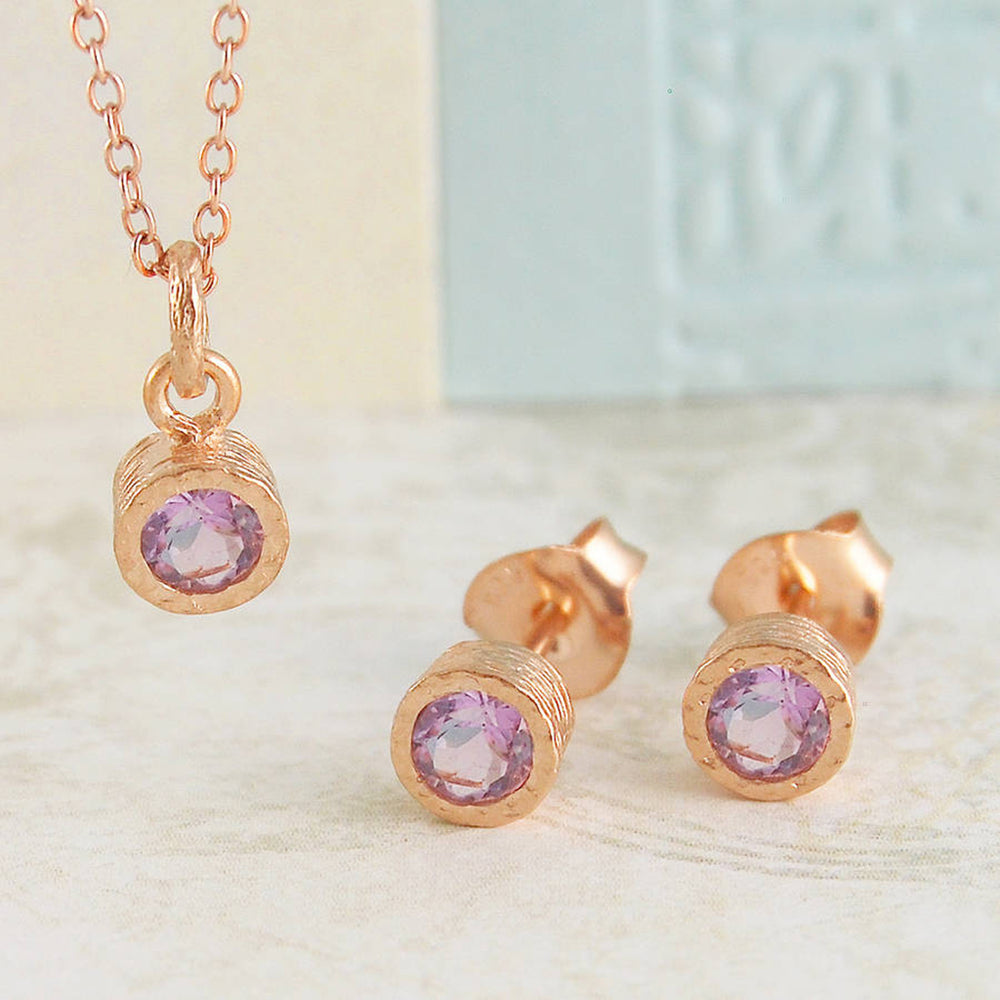 Amethyst Gold February Birthstone Pendant Necklace and Stud Earrings Jewellery Set