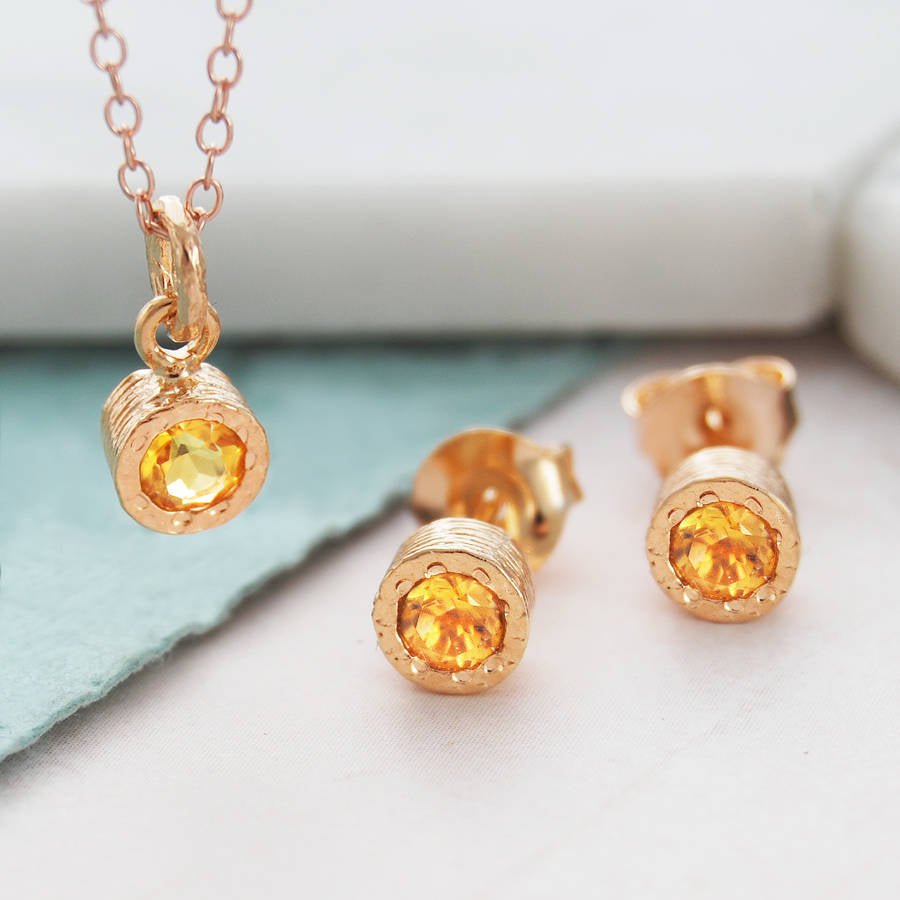 Citrine Rose Gold November Birthstone Stud Earrings and Necklace Jewellery Set