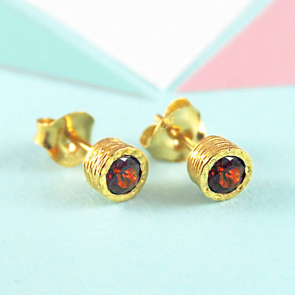 Garnet January Birthstone Gold Stud Earrings