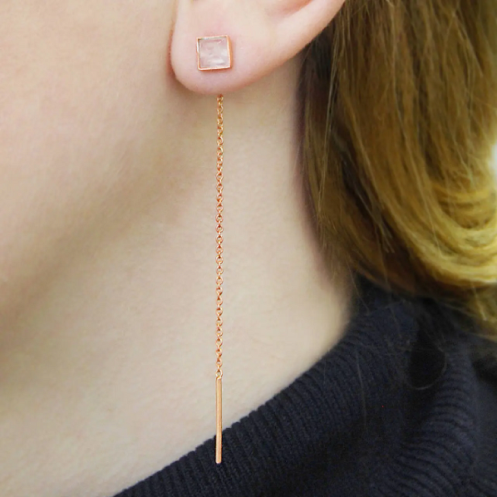 Rose Quartz Gold Chain Threader Earrings