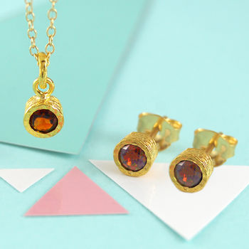 Garnet January Birthstone Gold Pendant Necklace and Stud Earrings Jewellery Set