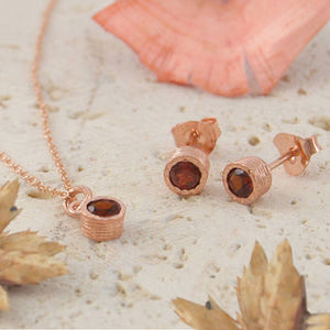 January Garnet Birthstone Rose Gold Round Necklace and Stud Earrings Jewellery Set