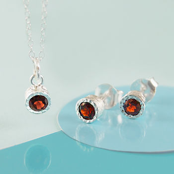Garnet Sterling Silver January Birthstone Stud Earrings and Necklace Jewellery Set