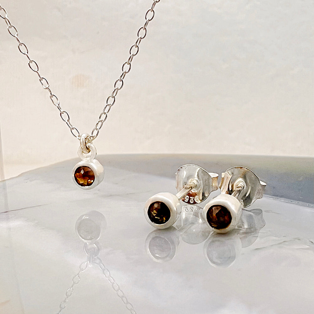 Champagne Diamond April Birthstone Sterling Silver and Necklace Jewellery Set