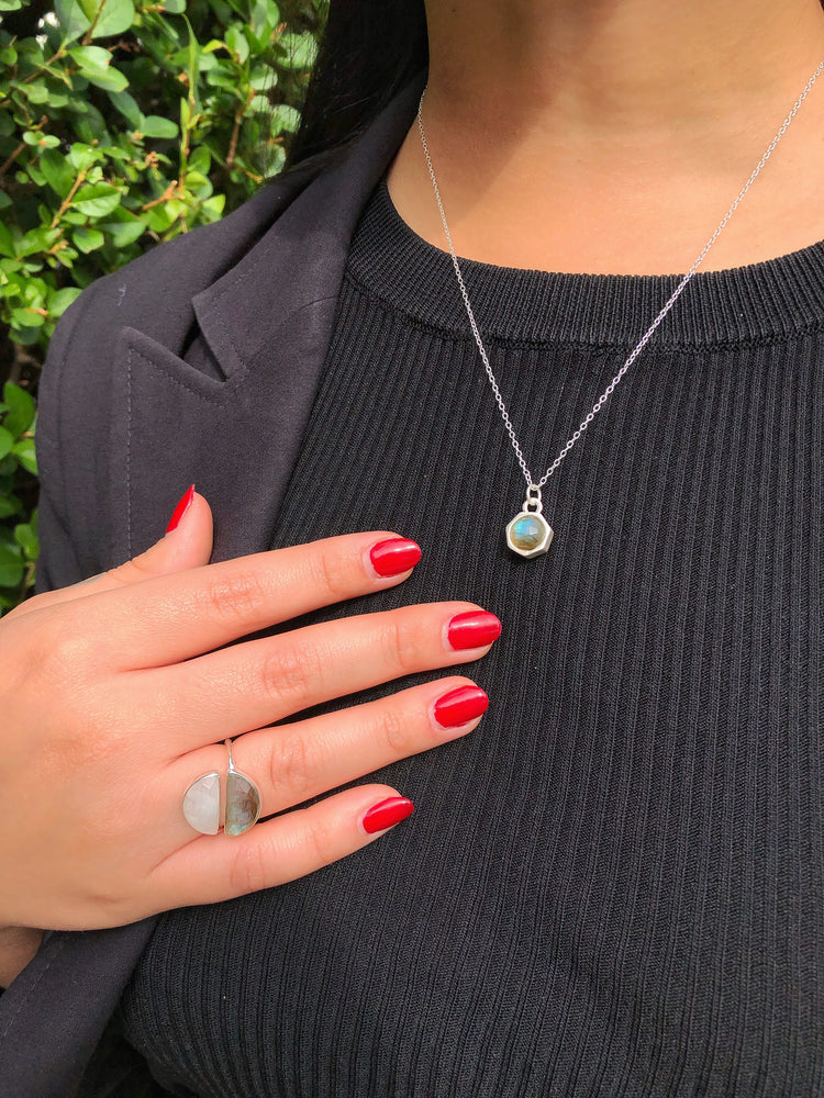 Moonstone And Labradorite Reversible Sterling Silver Charm Necklace and Ring