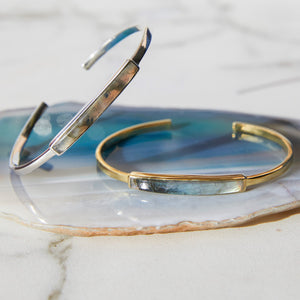 
            
                Load image into Gallery viewer, Labradorite Polished Gemstone Silver and Gold Bangle
            
        