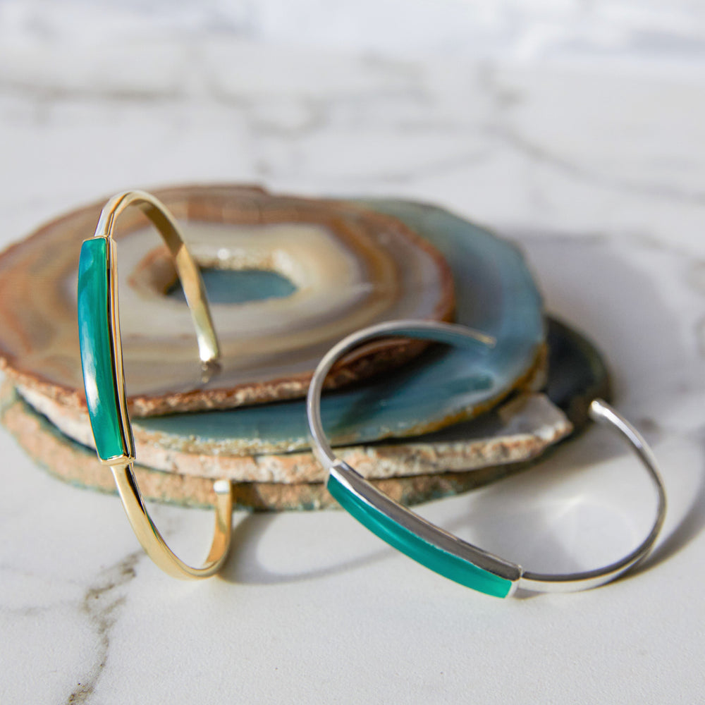 
            
                Load image into Gallery viewer, Green Onyx Polished Adjustable Silver and Gold Bangles
            
        