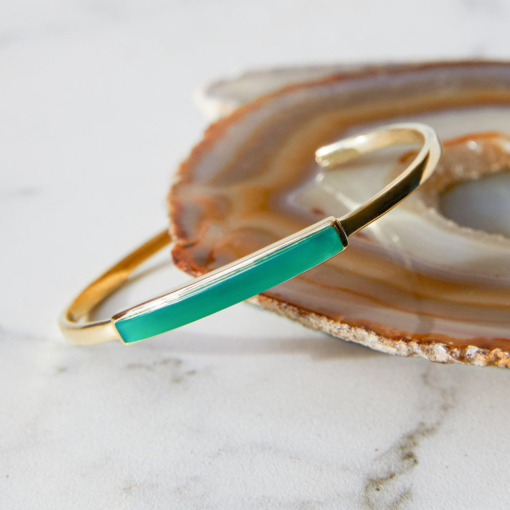 
            
                Load image into Gallery viewer, Green Onyx Polished Adjustable Gold Bangle
            
        