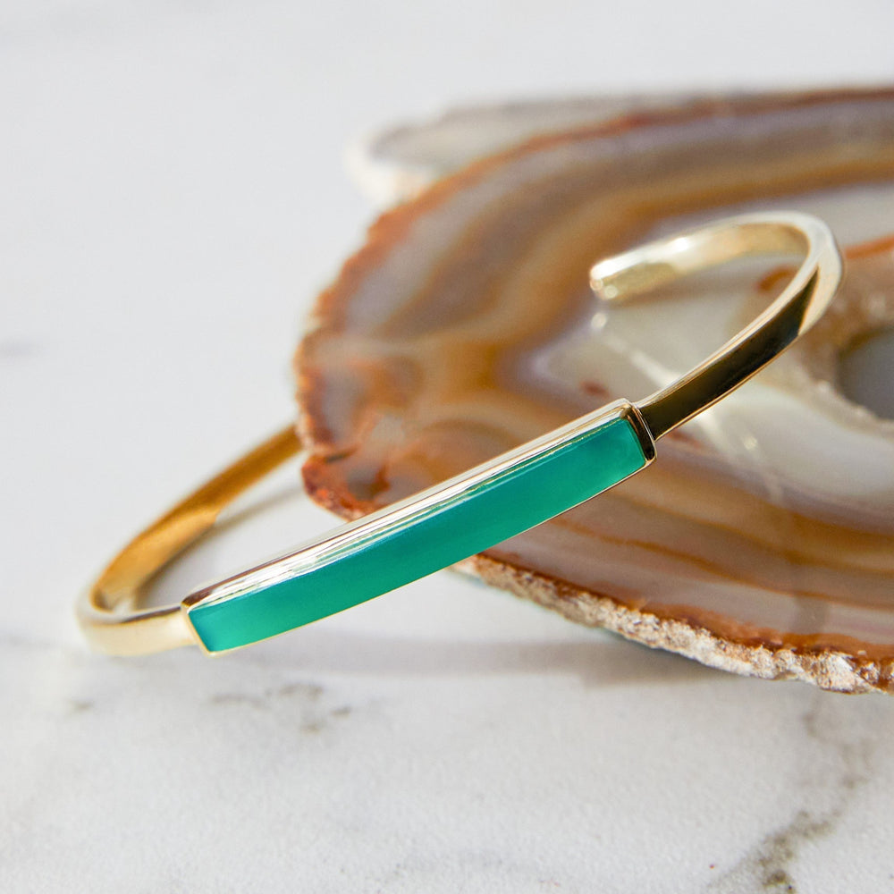 
            
                Load image into Gallery viewer, Gold Adjustable Green Onyx Bar Bangle
            
        