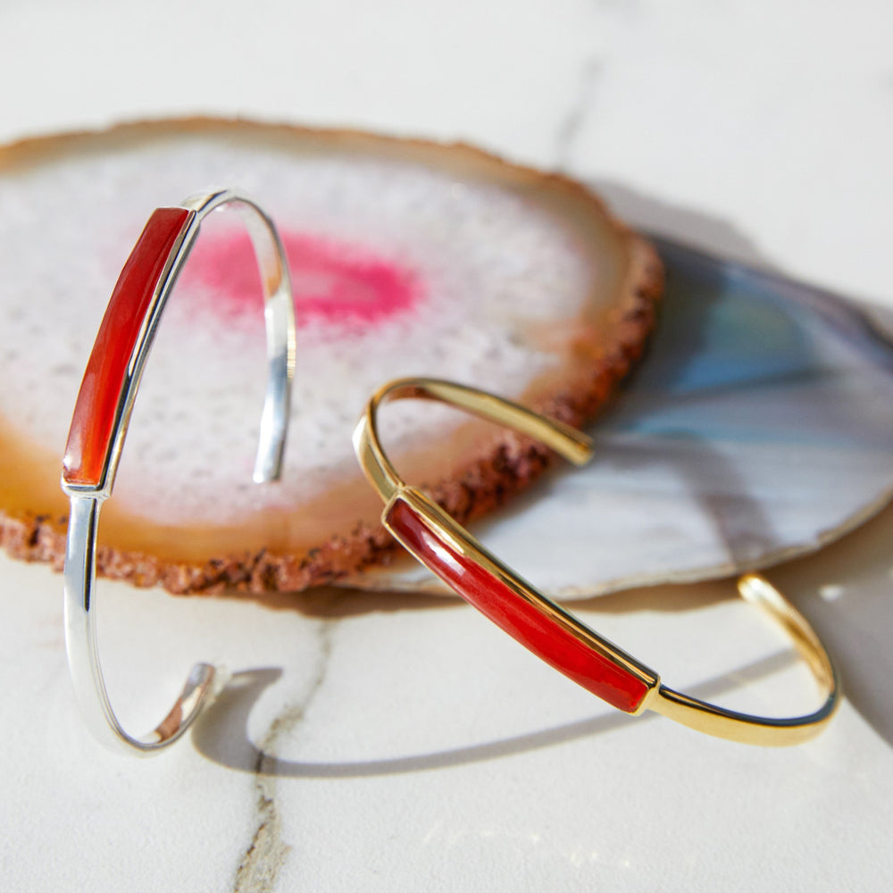 
            
                Load image into Gallery viewer, Carnelian Polished Silver and Gold Bangle Bracelet
            
        