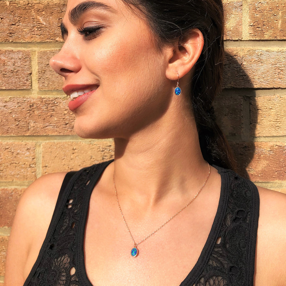 
            
                Load image into Gallery viewer, Black Opal October Birthstone Rose Gold Drop Earrings
            
        