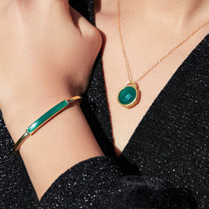 Gold Adjustable Green Onyx Bar Bangle and Necklace