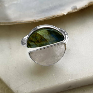 Adjustable Silver Moonstone and Labradorite Moon Shape Ring