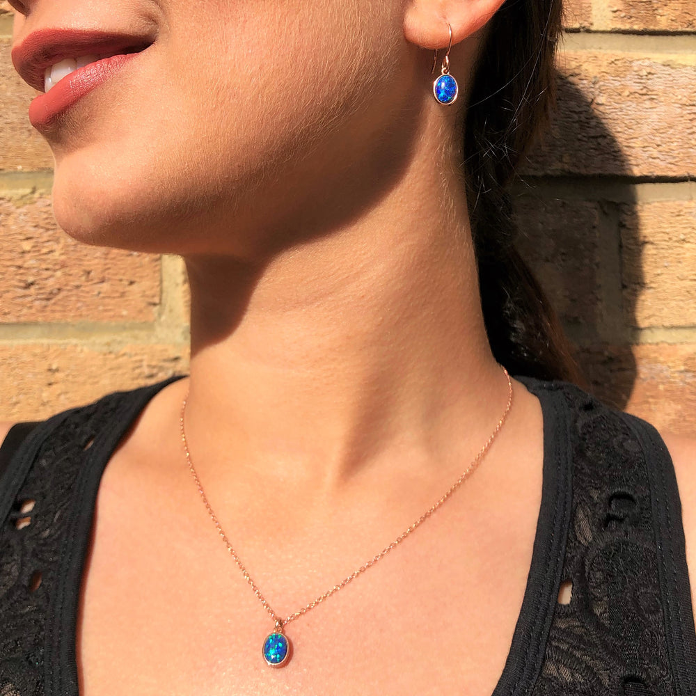 
            
                Load image into Gallery viewer, Black Opal October Birthstone Rose Gold Drop Earrings
            
        