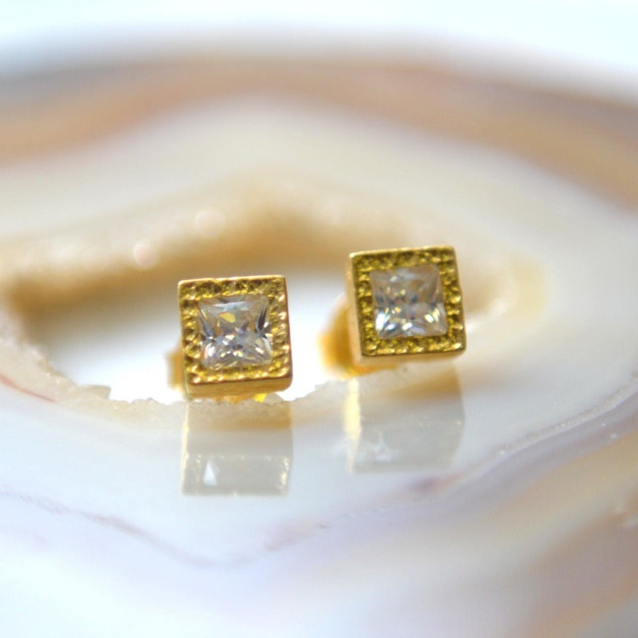 Rose Gold / Yellow Gold Square White Topaz Stud Earrings