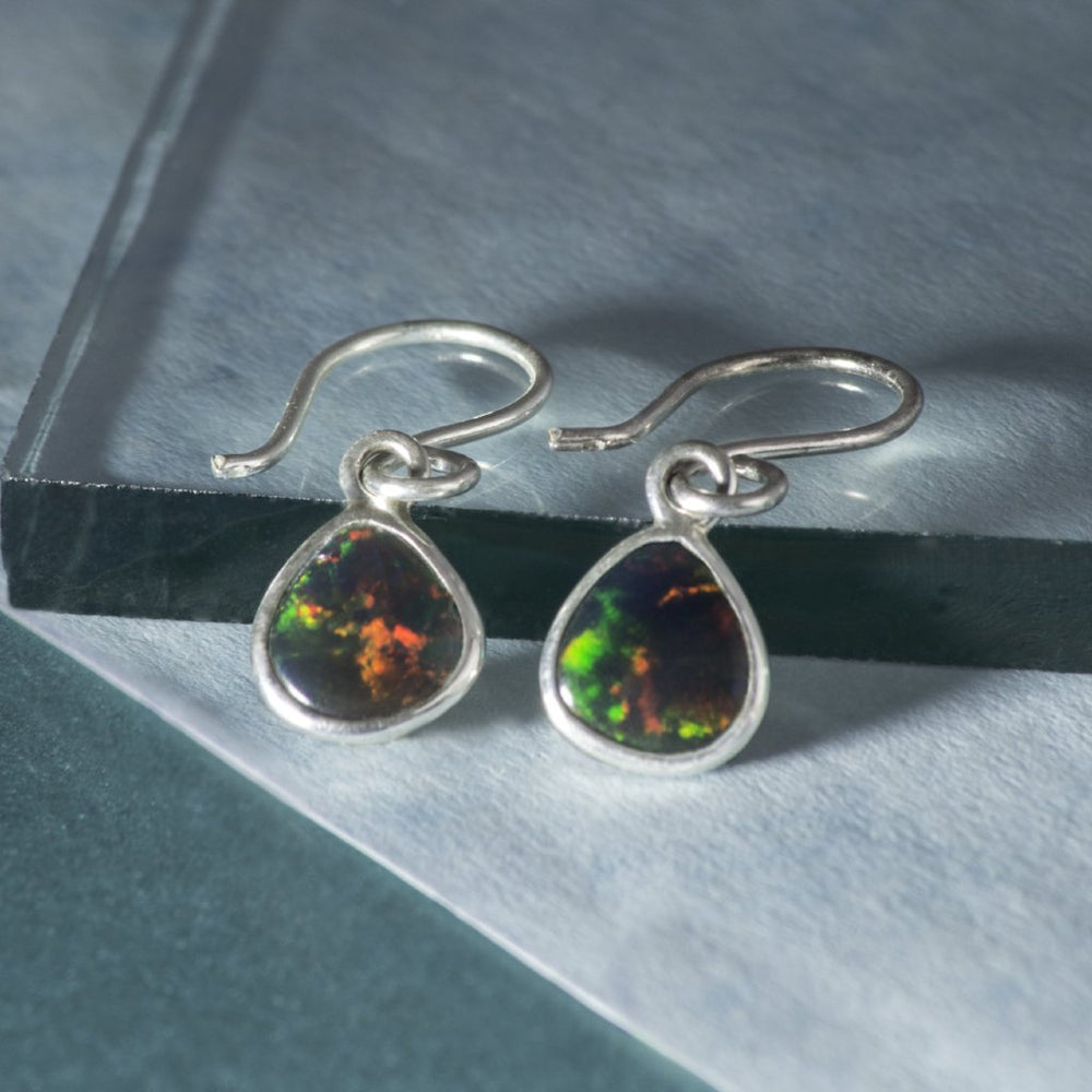 Silver Black Opal Birthstone Drop Earrings