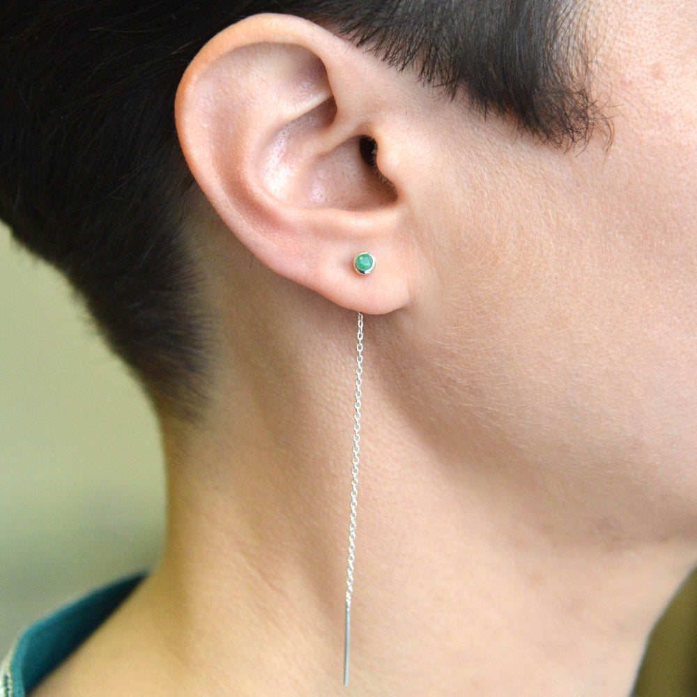 
            
                Load image into Gallery viewer, Emerald May Birthstone Sterling Silver Chain Threader Earrings
            
        