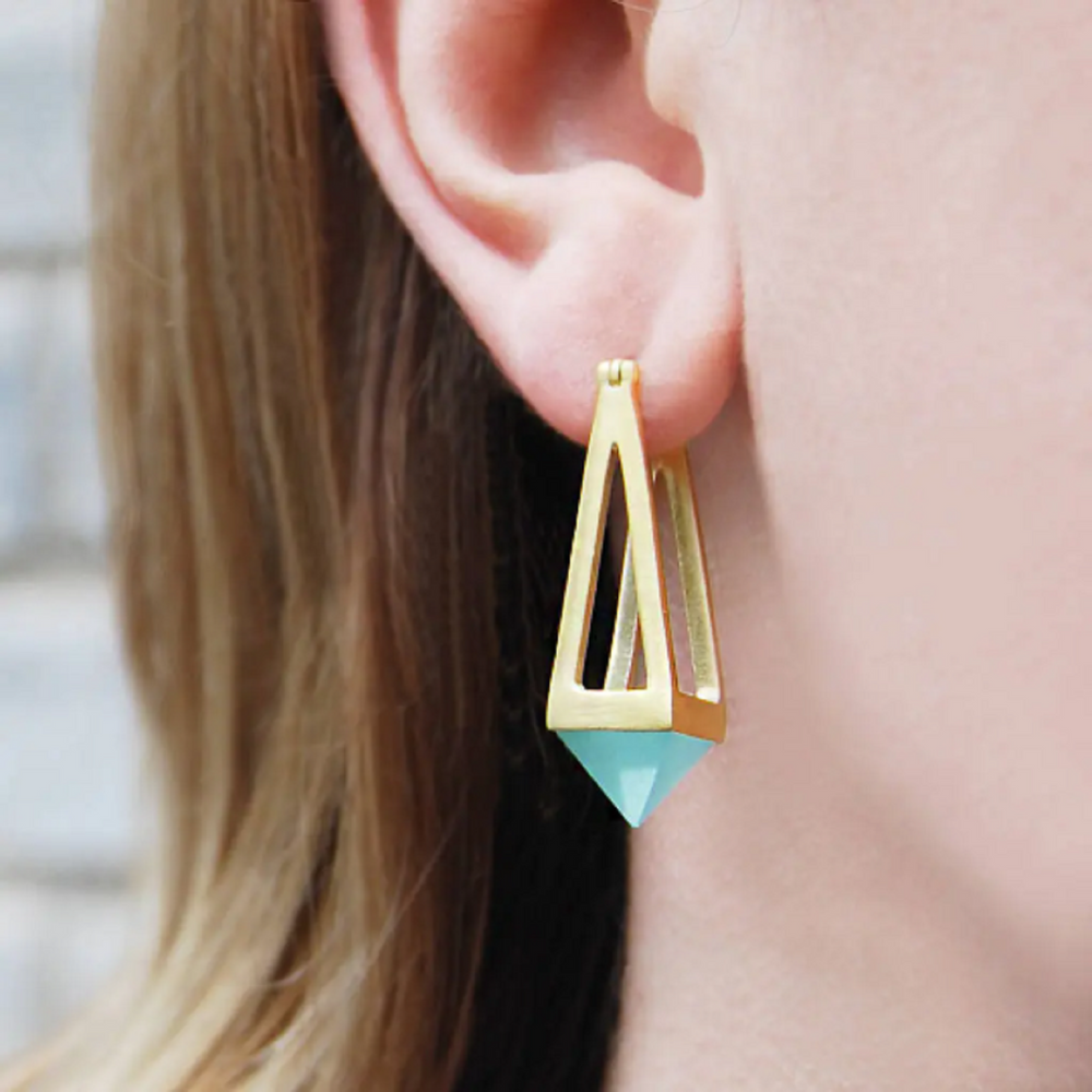 
            
                Load image into Gallery viewer, Aqua Chalcedony Pyramid Gold Vermeil Drop Earrings
            
        