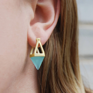 
            
                Load image into Gallery viewer, Aqua Chalcedony Pyramid Gold Vermeil Drop Earrings
            
        