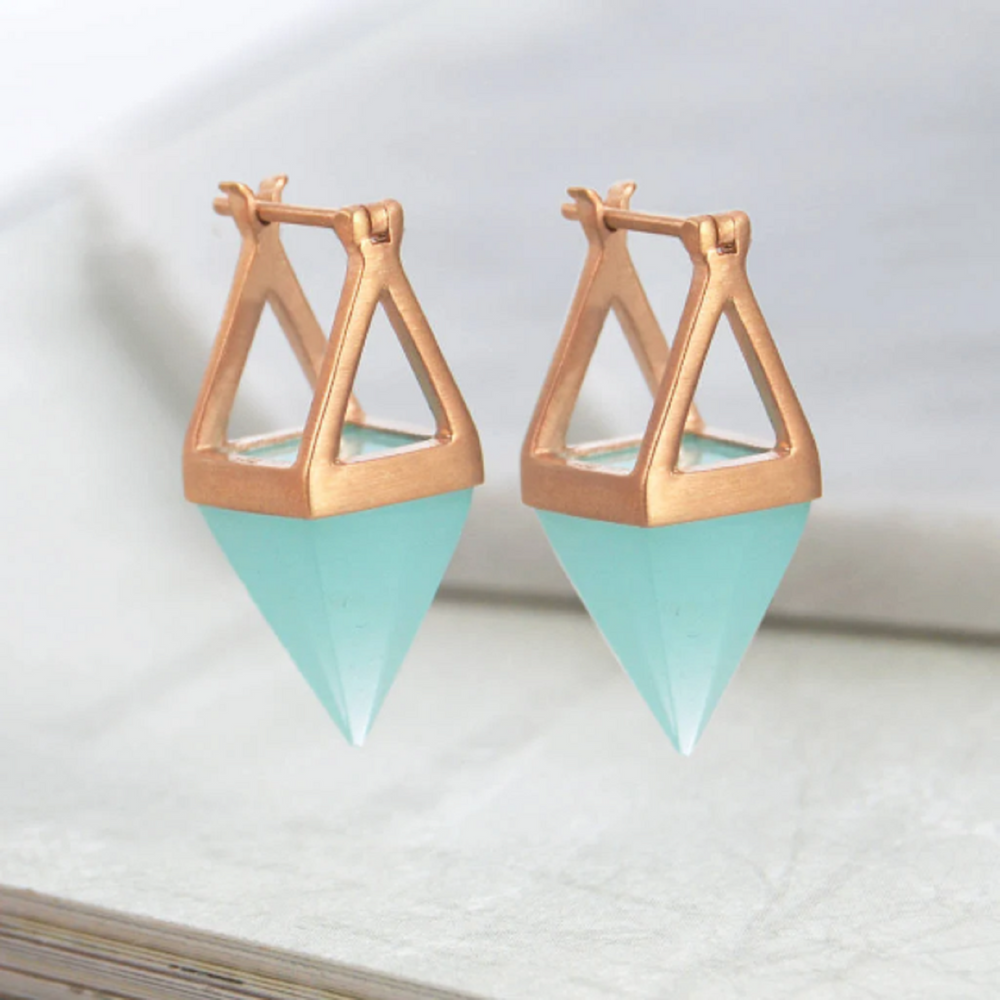 Rose Gold Blue Aqua Chalcedony Geometric Earrings