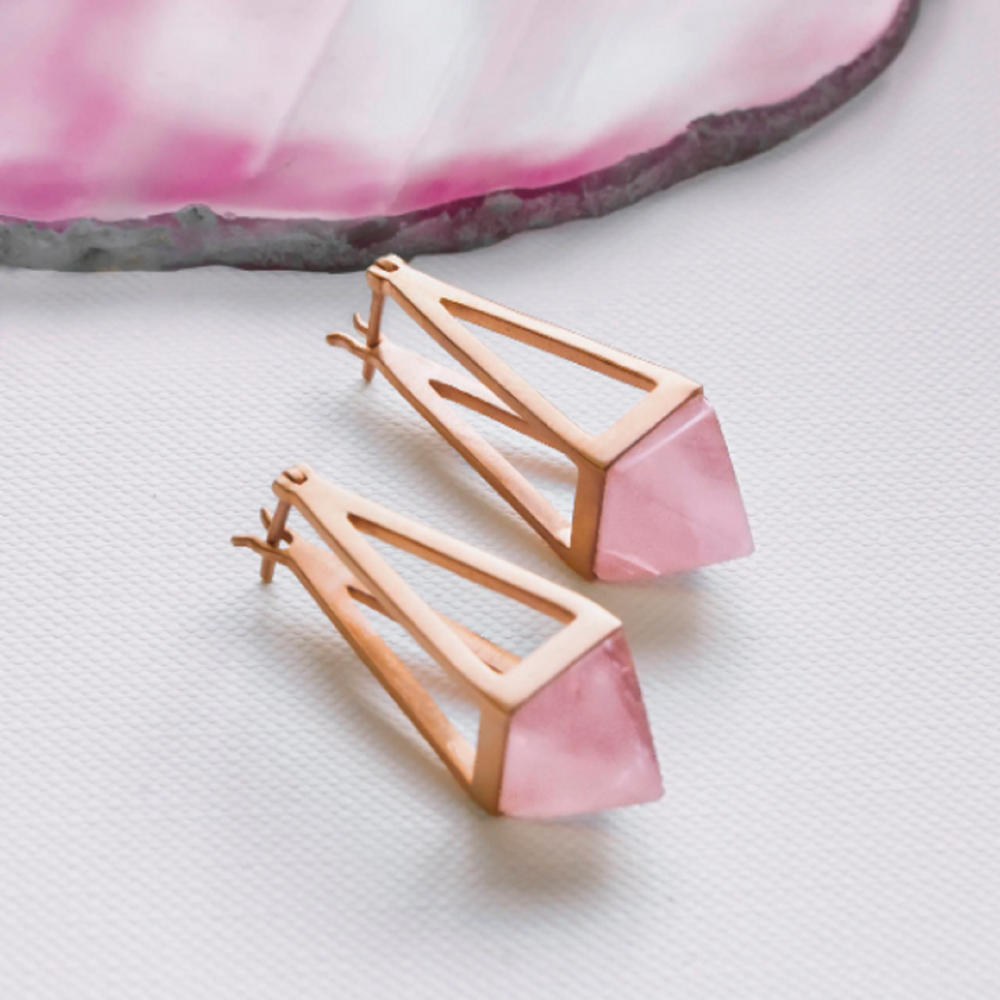Rose Quartz Gold Vermeil Pyramid Semi Precious Gemstone Drop Earrings