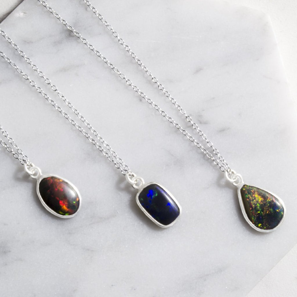 Natural Black Opal Silver Birthstone Necklace