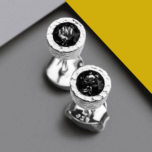 
            
                Load image into Gallery viewer, Textured Sterling Silver Black Spinel Round Studs
            
        
