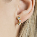 White Topaz Three Stone Gold November Birthstone Stud Earrings
