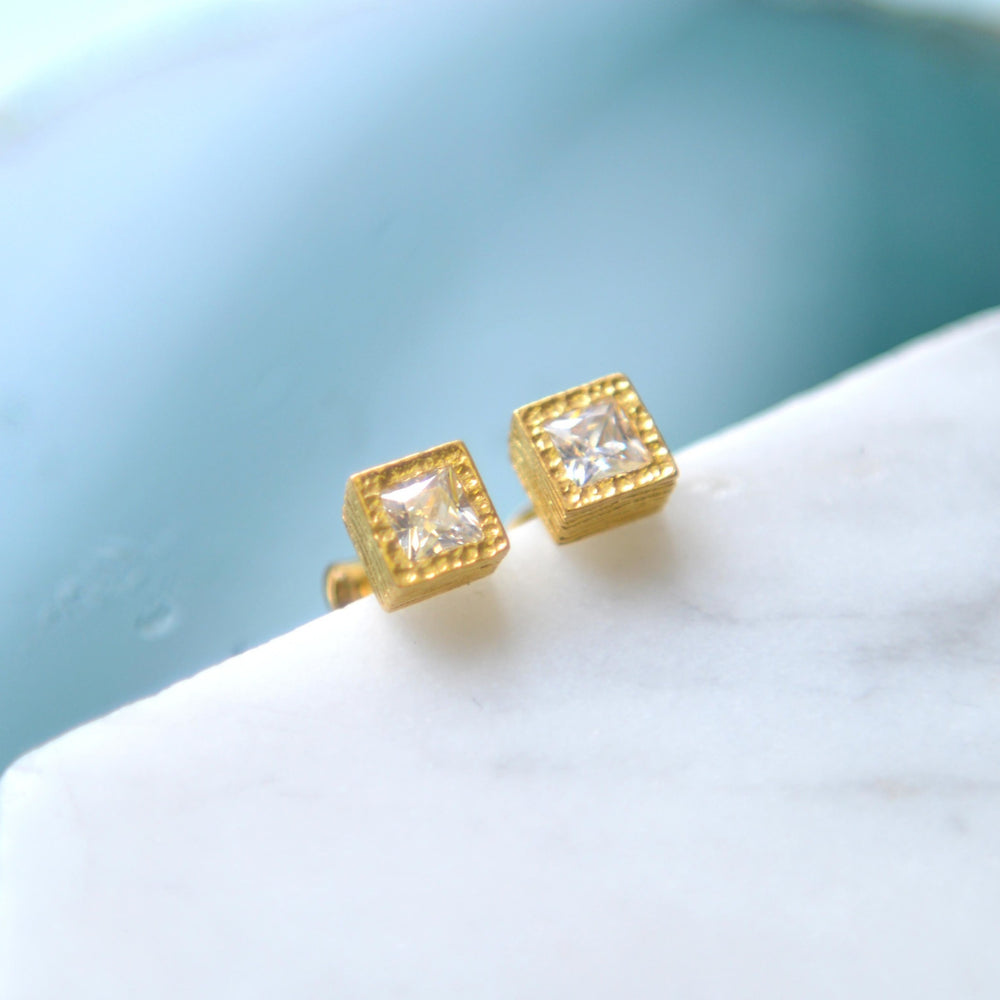 Yellow Gold / Rose Gold Square White Topaz Stud Earrings