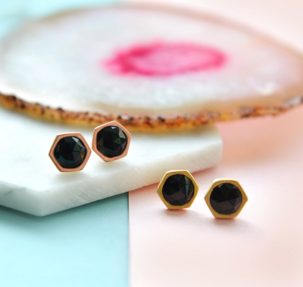 Black Spinel Rose Gold and Gold Faceted Gemstone Earrings