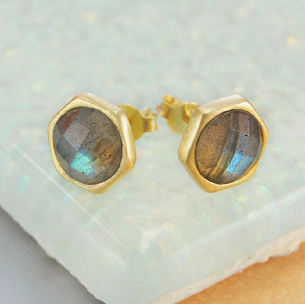 
            
                Load image into Gallery viewer, Labradorite Round Gold Stud Earrings
            
        