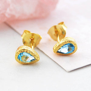 Blue Topaz Teardrop Gold November Birthstone Stud Earrings