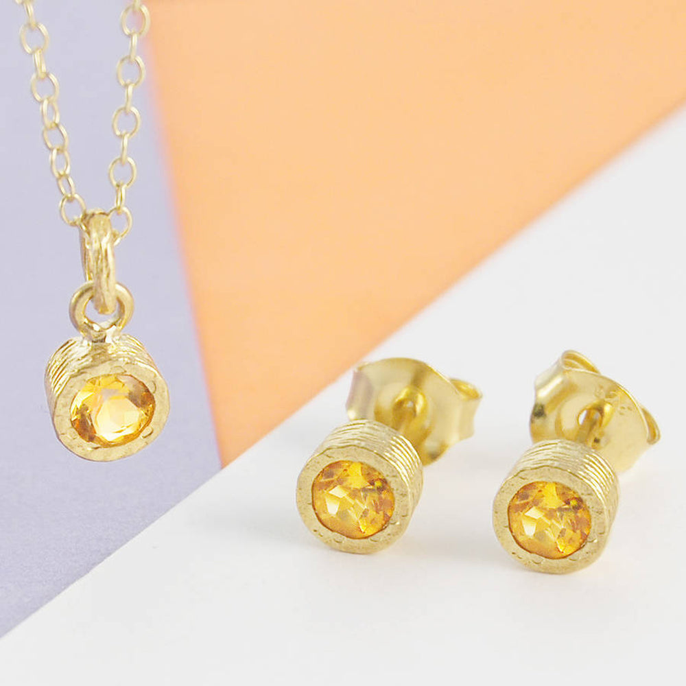 Citrine  Gold November Birthstone Stud Earrings and Necklace Jewellery Set