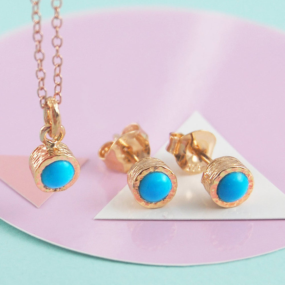 
            
                Load image into Gallery viewer, Turquoise Rose Gold December Birthstone Stud earrings and Necklace Jewellery Set
            
        