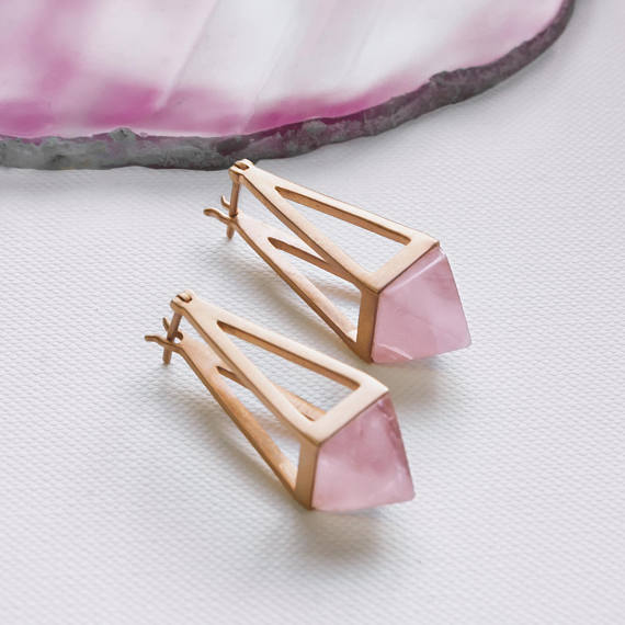 Rose Gold Drop Rose Quartz Pyramid Earrings