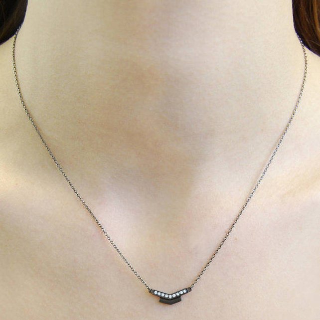 
            
                Load image into Gallery viewer, Ruthenium Silver November Birthstone White Topaz Arrow Necklace
            
        